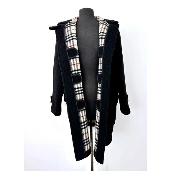 Vintage Burberry London Duffle Coat UK 10 Black Wool Hooded Toggle Nova Check 99 - Picture 2 of 16